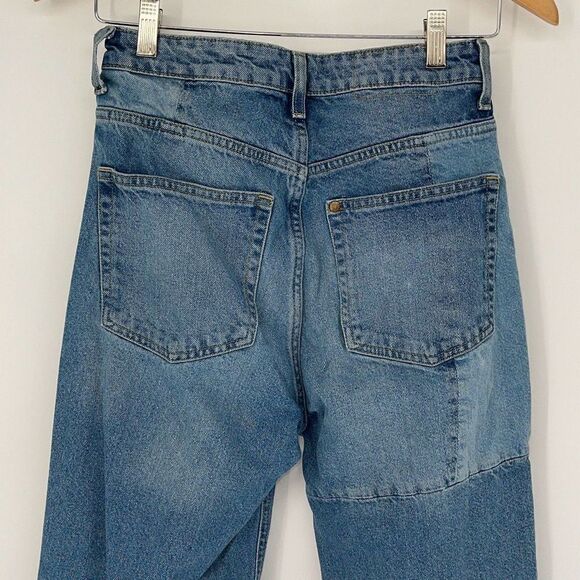 H&M Womens High Rise Frayed Hem Patchwork Loose Straight Denim Jeans Blue Size 4 - Picture 5 of 12